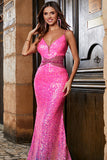 Hot Pink Glitter Mermaid Formal Dress with Beading Waist