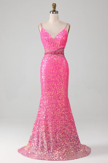 Hot Pink Spaghetti Straps Glitter Mermaid Formal Dress with Beading Waist
