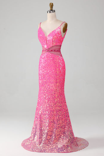 Hot Pink Spaghetti Straps Glitter Mermaid Formal Dress with Beading Waist