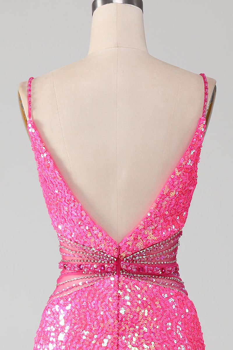 Load image into Gallery viewer, Hot Pink Spaghetti Straps Glitter Mermaid Formal Dress with Beading Waist