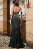 Glitter Strapless Mermaid Black Formal Dress with Slit