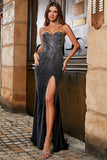 Glitter Strapless Mermaid Black Formal Dress with Slit