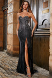 Glitter Strapless Mermaid Black Formal Dress with Slit