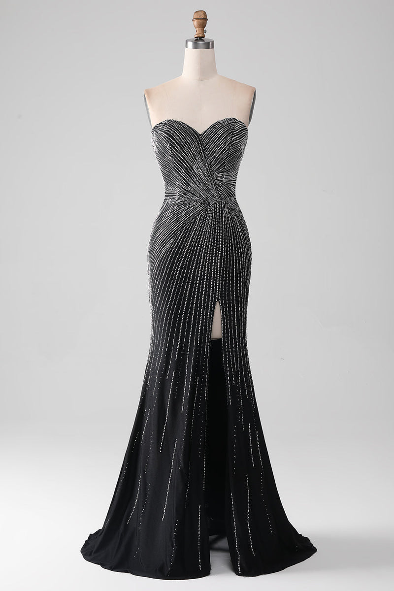 Load image into Gallery viewer, Black Glitter Strapless Mermaid Formal Dress with Slit