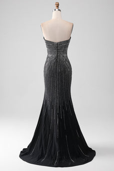 Black Glitter Strapless Mermaid Formal Dress with Slit