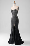 Black Glitter Strapless Mermaid Formal Dress with Slit