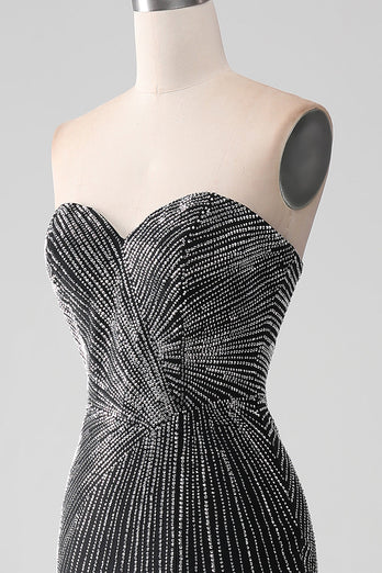 Black Glitter Strapless Mermaid Formal Dress with Slit