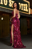 Spaghetti Straps Hot Pink Sparkly Mermaid Sequins Long Formal Dress with Slit