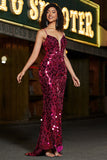 Spaghetti Straps Hot Pink Sparkly Mermaid Sequins Long Formal Dress with Slit