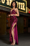 Spaghetti Straps Hot Pink Sparkly Mermaid Sequins Long Formal Dress with Slit