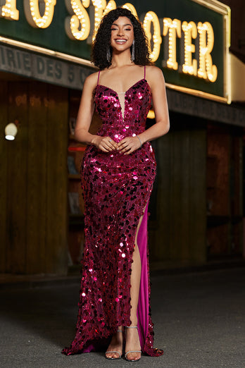 Spaghetti Straps Hot Pink Sparkly Mermaid Sequins Long Formal Dress with Slit