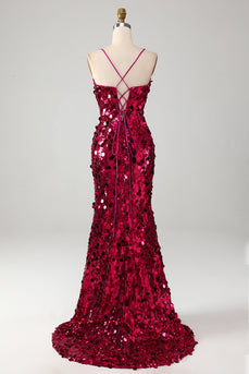 Sparkly Mermaid Spaghetti Straps Fuchsia Sequins Long Formal Dress with Slit
