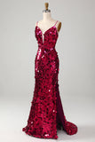 Sparkly Mermaid Spaghetti Straps Fuchsia Sequins Long Formal Dress with Slit