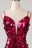 Sparkly Mermaid Spaghetti Straps Fuchsia Sequins Long Formal Dress with Slit