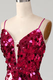 Sparkly Mermaid Spaghetti Straps Fuchsia Sequins Long Formal Dress with Slit