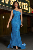 Mermaid One Shoulder Blue Long Formal Dress with Sequins