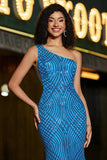 Mermaid One Shoulder Blue Long Formal Dress with Sequins