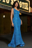 Mermaid One Shoulder Blue Long Formal Dress with Sequins