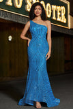 Mermaid One Shoulder Blue Long Formal Dress with Sequins