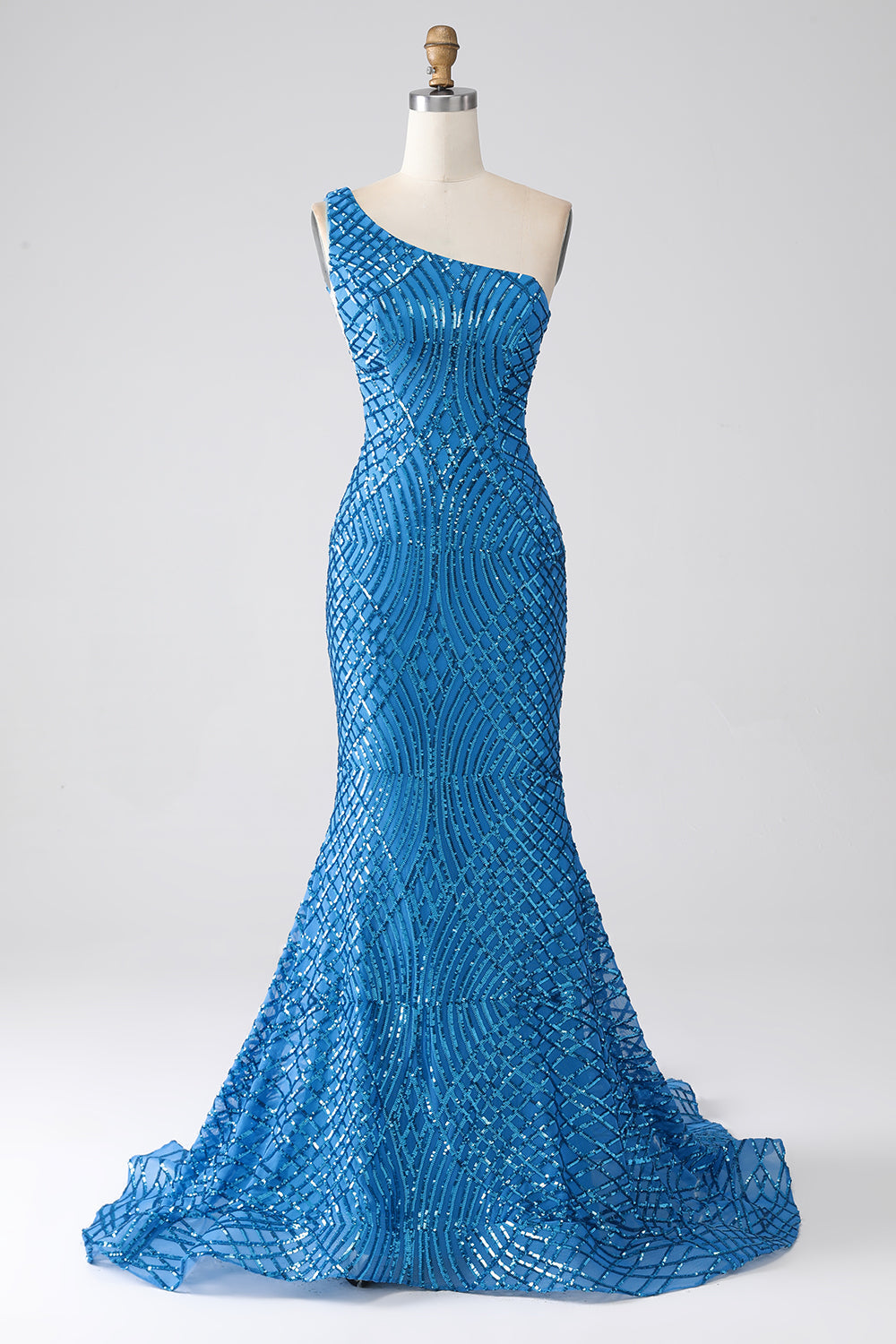 Blue Mermaid One Shoulder Sequins Long Formal Dress