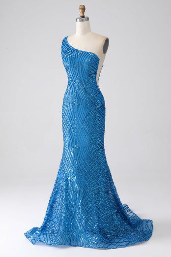 Blue Mermaid One Shoulder Sequins Long Formal Dress
