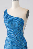 Blue Mermaid One Shoulder Sequins Long Formal Dress