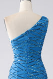 Blue Mermaid One Shoulder Sequins Long Formal Dress