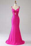 Sparkly Mermaid Hot Pink Formal Dress with Hollow-out