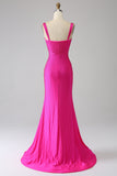 Sparkly Mermaid Hot Pink Formal Dress with Hollow-out