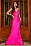 Hot Pink Sparkly Mermaid Formal Dress with Hollow-out