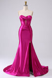 Sparkly Fuchsia Mermaid Sweetheart Corset Long Formal Dress with Slit