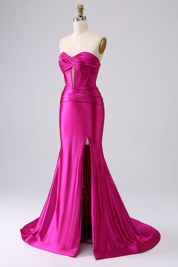 Sparkly Fuchsia Mermaid Sweetheart Corset Long Formal Dress with Slit