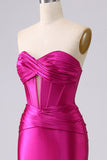 Sparkly Fuchsia Mermaid Sweetheart Corset Long Formal Dress with Slit