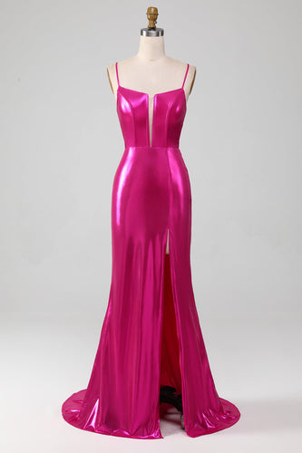 Sparkly Hot Pink Mermaid Simple Formal Dress With Slit