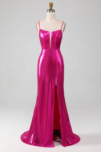 Sparkly Hot Pink Mermaid Simple Formal Dress With Slit