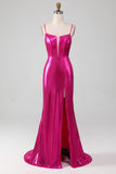 Sparkly Hot Pink Mermaid Simple Formal Dress With Slit