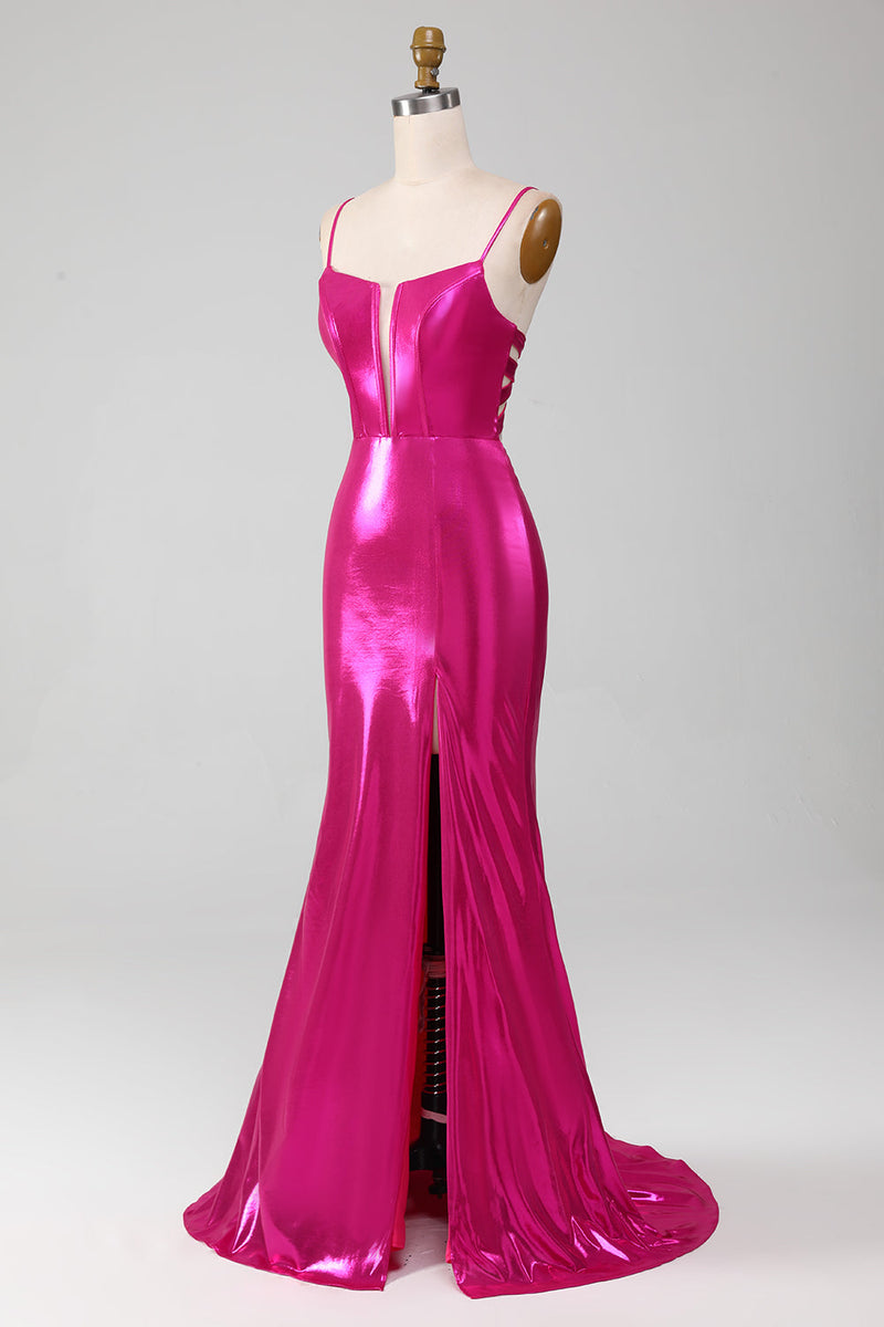 Load image into Gallery viewer, Sparkly Hot Pink Mermaid Simple Formal Dress With Slit