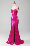 Sparkly Hot Pink Mermaid Simple Formal Dress With Slit