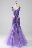 Sparkly Purple Mermaid V Neck Sequins Long Formal Dress