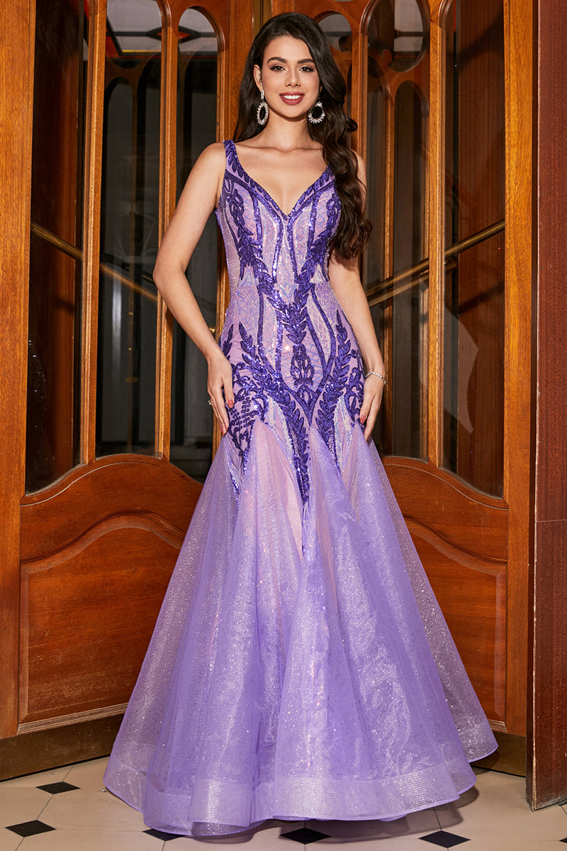 Load image into Gallery viewer, Stunning Mermaid V Neck Purple Sequins Long Formal Dress with Open Back