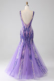 Sparkly Purple Mermaid V Neck Sequins Long Formal Dress