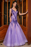 Stunning Mermaid V Neck Purple Sequins Long Formal Dress with Open Back