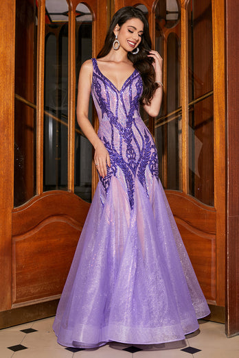 Stunning Mermaid V Neck Purple Sequins Long Formal Dress with Open Back