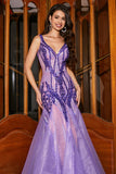 Stunning Mermaid V Neck Purple Sequins Long Formal Dress with Open Back