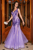 Load image into Gallery viewer, Stunning Mermaid V Neck Purple Sequins Long Formal Dress with Open Back