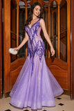 Stunning Mermaid V Neck Purple Sequins Long Formal Dress with Open Back