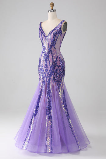 Sparkly Purple Mermaid V Neck Sequins Long Formal Dress