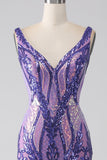 Sparkly Purple Mermaid V Neck Sequins Long Formal Dress