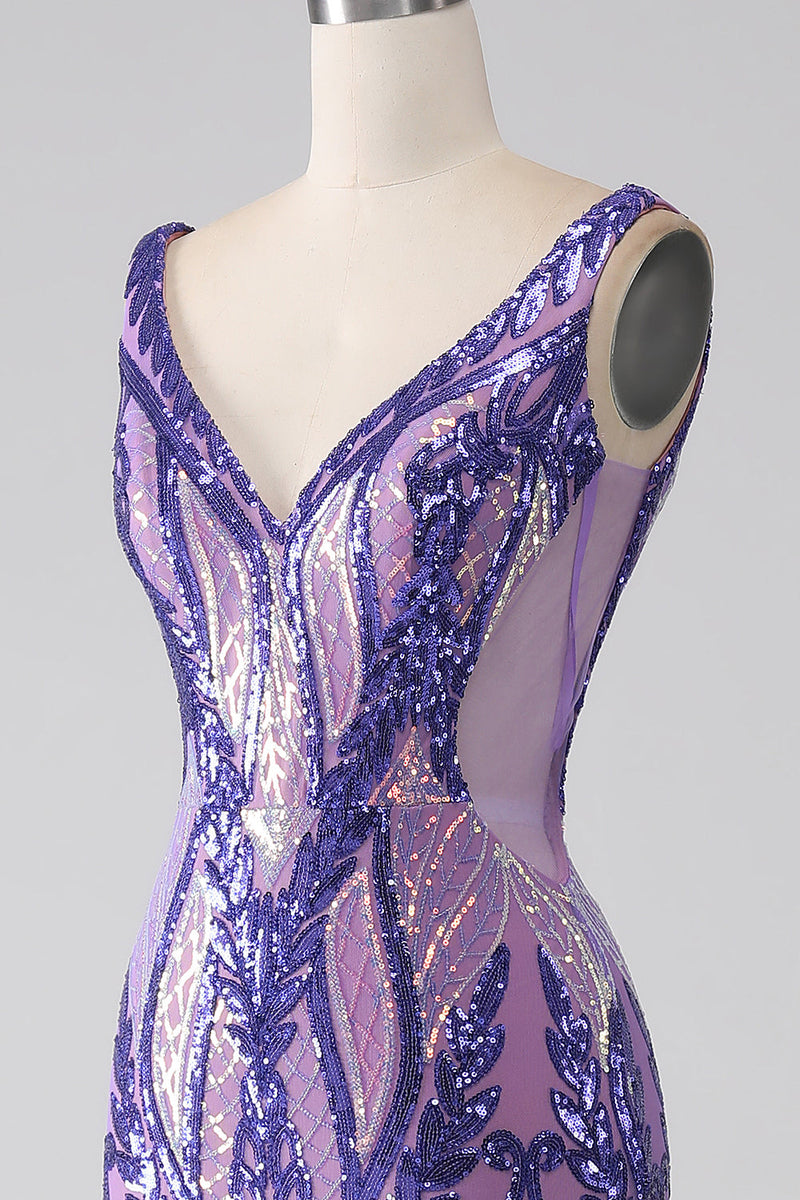 Load image into Gallery viewer, Sparkly Purple Mermaid V Neck Sequins Long Formal Dress