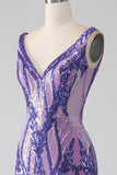 Sparkly Purple Mermaid V Neck Sequins Long Formal Dress